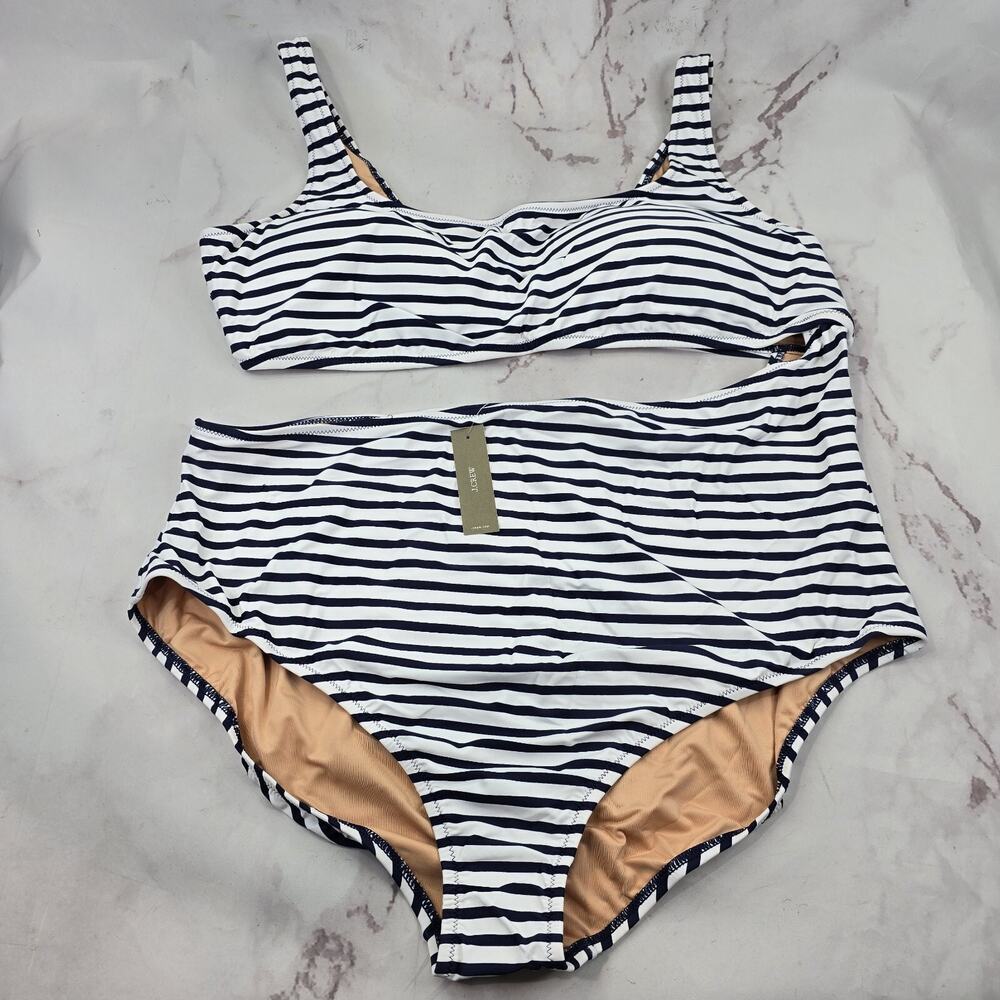 J Crew One Piece 24 3X Blue Striped Square Neck Cut Out Bikini Swim Suit - Picture 1 of 11